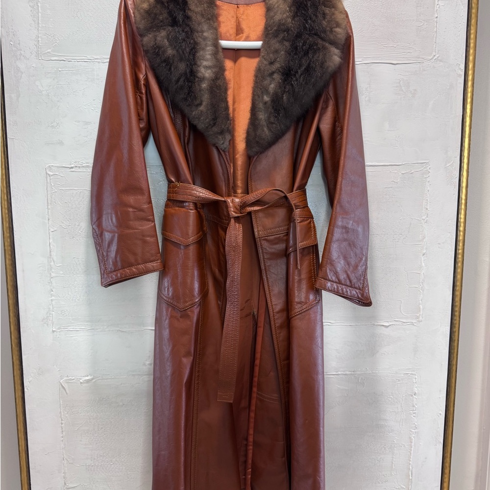 Vintage Cognac Leather Wrap Coat w/ Fur Collar | Long Belted Leather Trench Coat